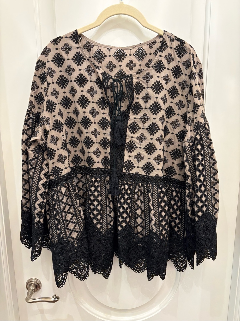 Kobi Halperin Black Embroidered Lace-Trim Blouse on Tan